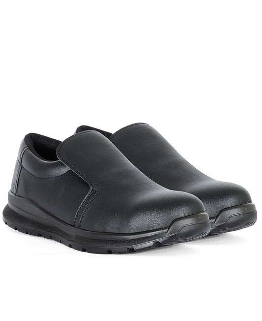 Pair of black slip-on shoes on a white background