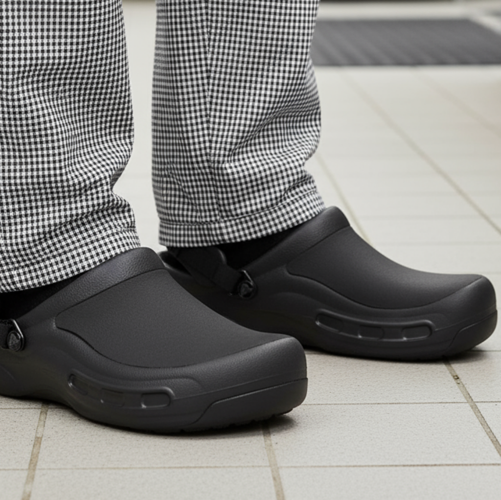 Chef in fine checkered pants wearing Crocs Bistro Pro LiteRide Clogs